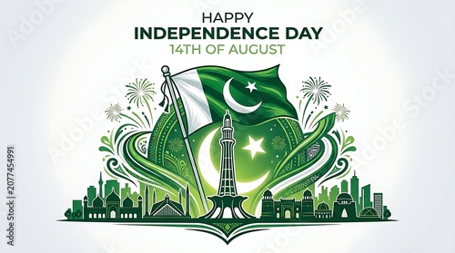 pakistan, independence day, 14 august, pakistani flag, minar-e-pakistan, fireworks, landmarks, islamabad, lahore, karachi, mazar-e-quaid, faisal mosque, badshahi mosque, green, white, patriotic, holid