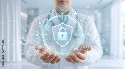 Healthcare data security and patient privacy concept showing doctor holding digital shield protecting medical records