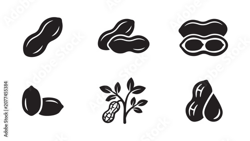 Set of black peanut icons featuring various styles and shapes.