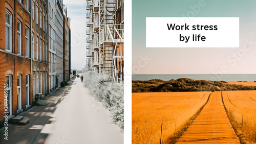 Warm mental health awareness work life balance Split path work stress and calm life, decision balance concept