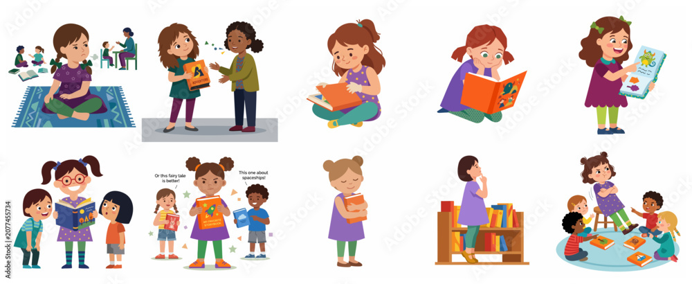 Fototapeta premium Set of flat vector illustrations of diverse children reading books and enjoying library activities