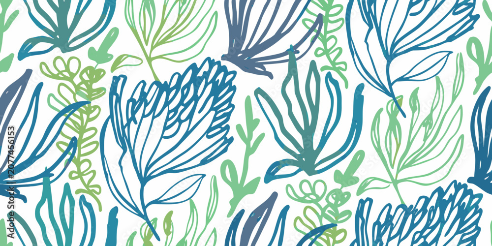 Fototapeta premium Botanical leaf pattern seamless vector illustration with teal and green tones