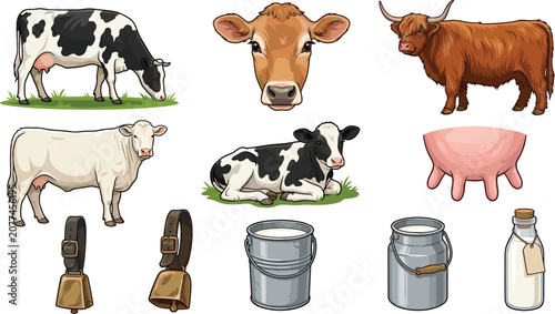 Cuadro en lienzo Dairy cattle farm vector illustration collection featuring holstein jersey and h