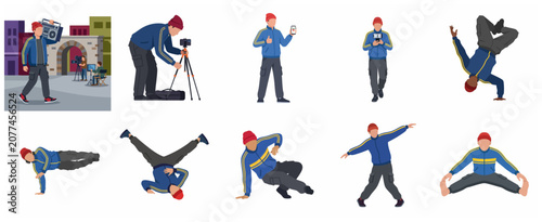 Bild auf Leinwand Set of Flat Vector Illustrations Featuring a Young Man in Urban Streetwear Engag