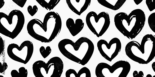 Quadro su tela Hand Drawn Black Hearts Seamless Pattern On White Background