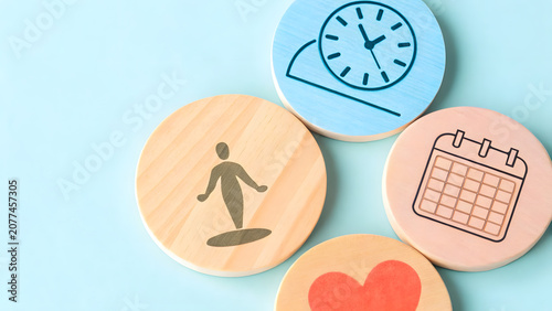 Warm mental health awareness work life balance Person juggling tasks and self care icons, balance challenge concept