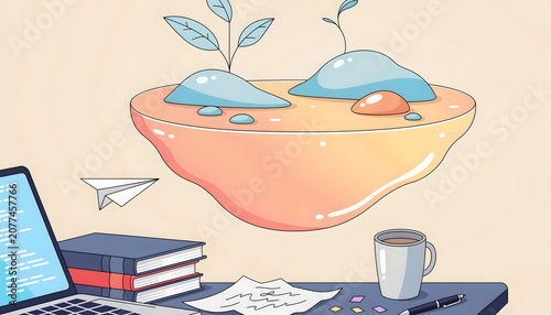 Warm mental health awareness work life balance Floating calm space above busy desk, mental escape concept illustration