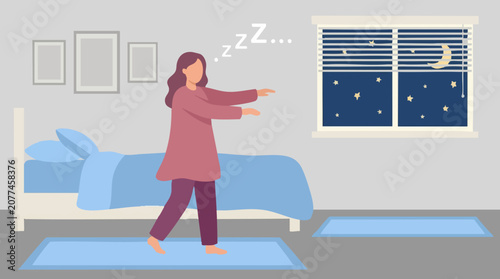 Принти на полотні Woman Sleepwalking in Bedroom at Night, Flat Vector Illustration