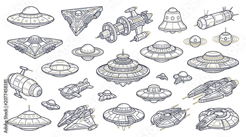 Schilderij op canvas Collection of diverse alien spacecraft and flying saucers in a hand-drawn sketch style, representing science fiction and extraterrestrial themes