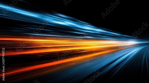 High speed light with blue and orange stripes in abstract, futuristic technological concept, showing motion blur against fast forward timeline background, creating a captivating visual effect that rep