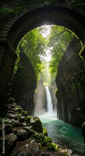Mystical sunlit forest path with ancient trees.