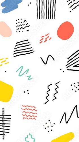Abstract Doodle Pattern with Colorful Shapes and Hand-Drawn Lines. Creative Memphis Style Background. Colorful abstract pattern of shapes and lines on white background.