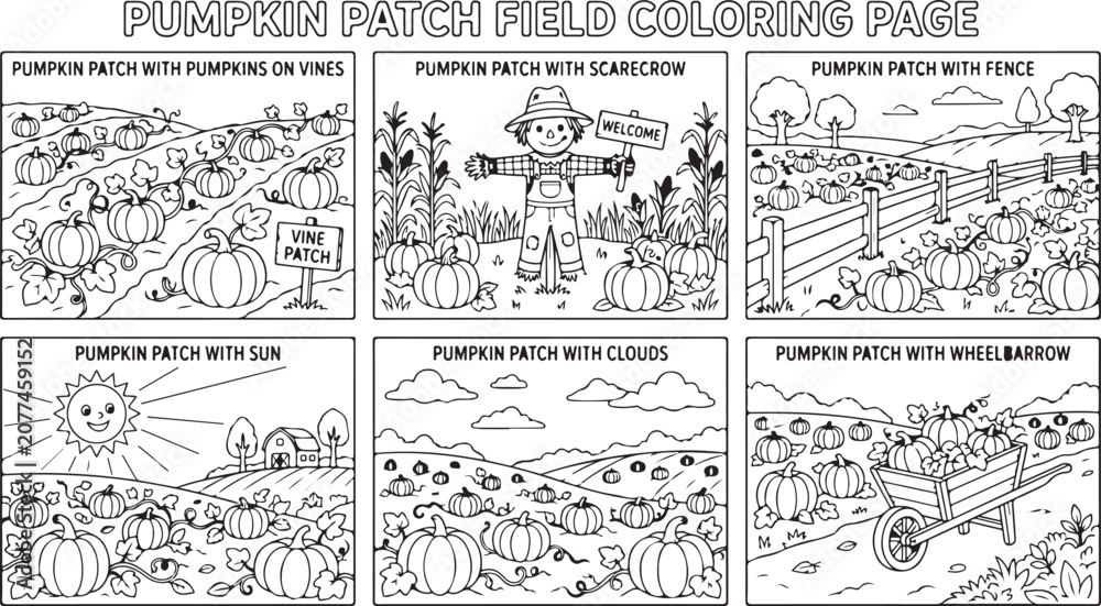 Obraz premium Pumpkin patch coloring pages scenes with scarecrow fence sun clouds wheelbarrow and corn.