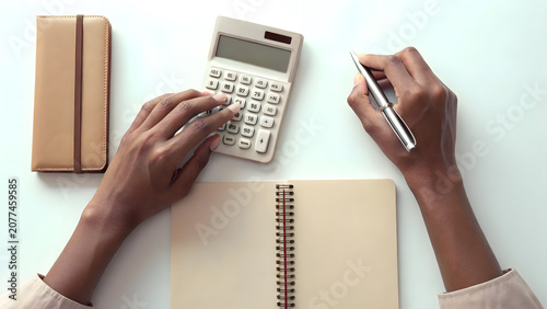Cheap holiday inspiration, Close-up of hands calculating travel expenses with calculator and notebook, clean desk setup Budget travel planning concept.