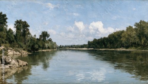 Calm river flows through lush forest under a bright, cloudy sky