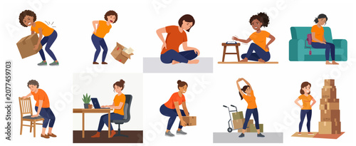 Photos Women suffering from back pain due to improper lifting and poor posture set, inc