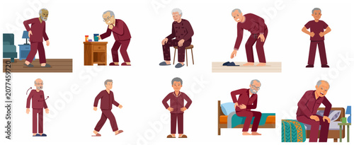 Elderly Man in Pajamas Set with Various Poses Including Back Pain, Taking Medication, and Fatigue Vector Illustration