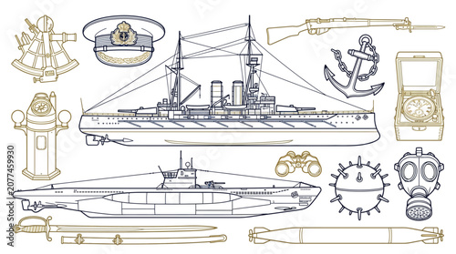 Konstfotografi Collection of vintage naval and maritime equipment, including a battleship, submarine, anchor, and navigational tools