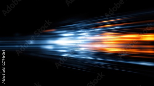 High speed light with blue and orange stripes in abstract, futuristic technological concept, showing motion blur against fast forward timeline background, creating a captivating visual effect that rep