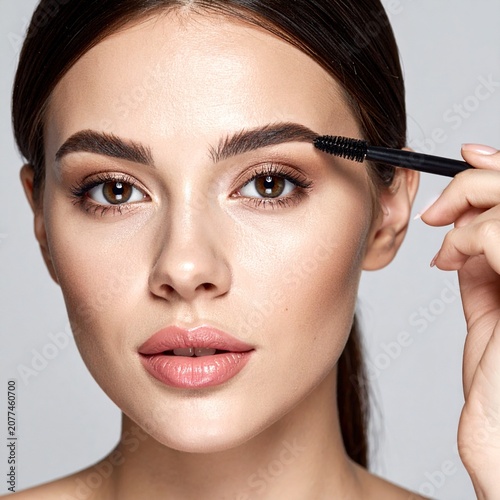 Retrato en primer plano de una mujer joven modelo con una piel facial suave y saludable maquillándose las cejas con un lápiz cepillo de cejas