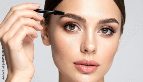 Retrato en primer plano de una mujer joven modelo con una piel facial suave y saludable maquillándose las cejas con un lápiz cepillo de cejas