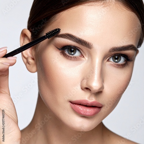 Retrato en primer plano de una mujer joven modelo con una piel facial suave y saludable maquillándose las cejas con un lápiz cepillo de cejas