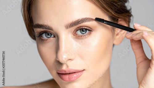 Retrato en primer plano de una mujer joven modelo con una piel facial suave y saludable maquillándose las cejas con un lápiz cepillo de cejas