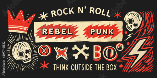 Cuadro en lienzo Rock and roll graphic design with skulls crown and lightning bolts illustration