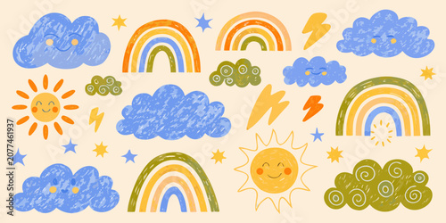Bild auf Leinwand Weather icons set colorful vector illustration with sun clouds and rainbows
