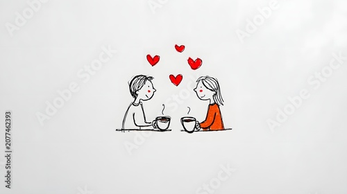 Hand-Drawn Illustration of a Couple Sharing Coffee with Red Hearts. Romantic Date and Connection Concept.