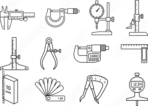 Precision Measurement Tools Line Art Icon Set – Digital Caliper, Micrometer, Dial Indicator and Metrology Equipment