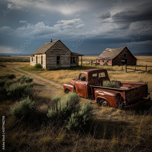 Rustic farmhouse with vintage tractor in golden field.