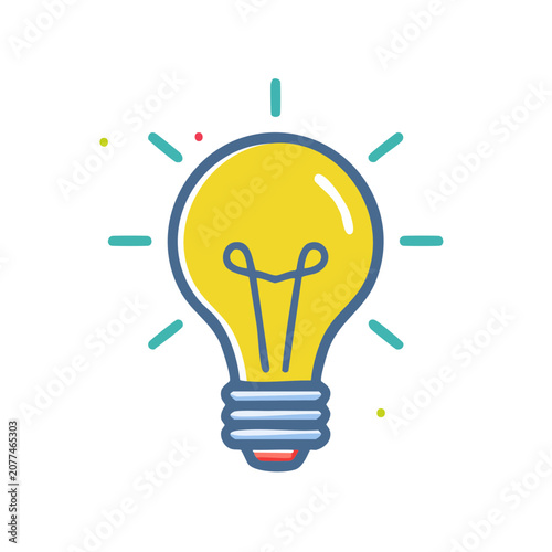 Yellow light bulb with glowing rays, flat vector illustration