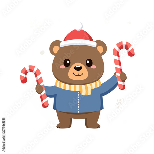 Cartoon bear holding candy canes in winter outfit