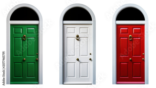 Quadro su tela Three arched top doors green white and red, with brass knockers