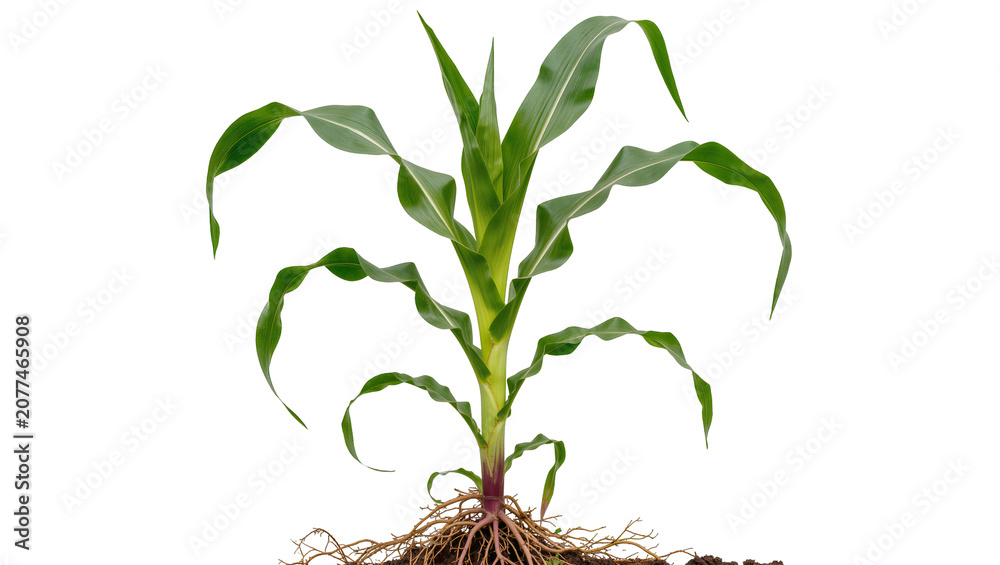Fototapeta premium Young corn plant with visible roots and green leaves