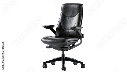 фотографія Black leather ergonomic office chair with adjustable arms and wheels