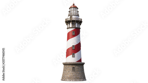 Foto Red and white striped lighthouse with stone base