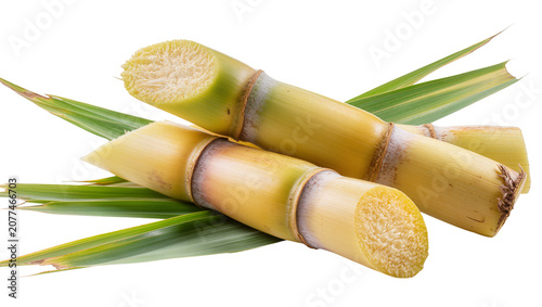 Foto Two cut sugarcane stalks with green leaves