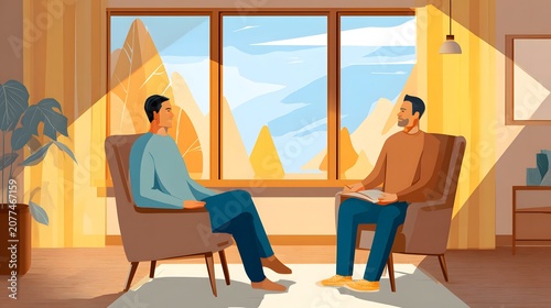 A professional coaching session in a calm, minimalist room, capturing a supportive conversation between a mentor and client focused on personal growth.