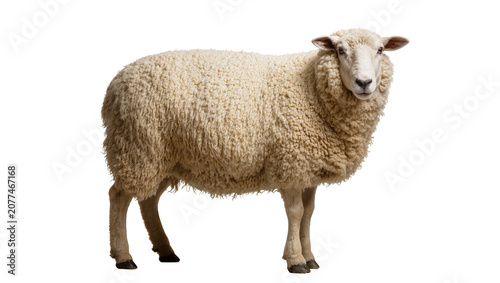 Slika na platnu Fluffy sheep with thick wool standing on white