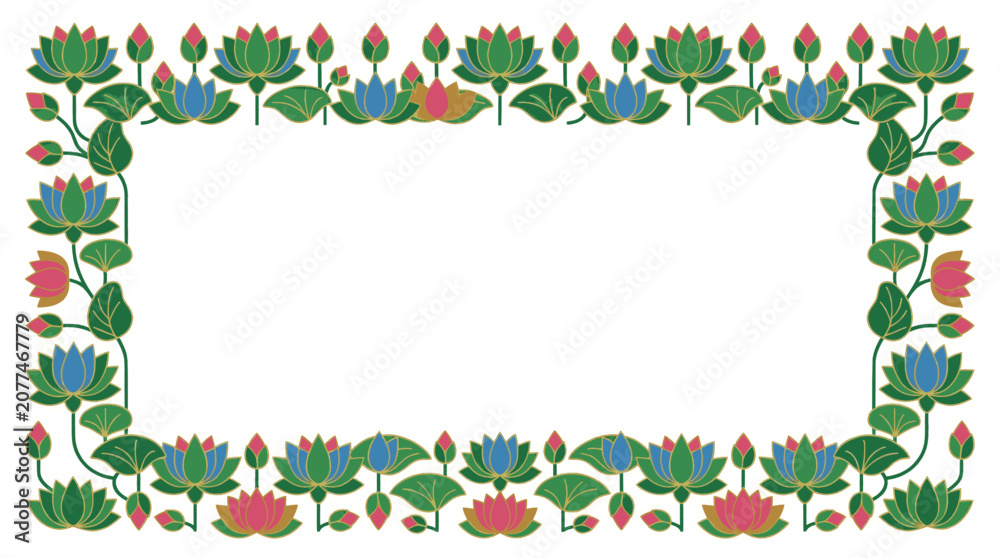 Fototapeta premium Decorative rectangular frame border featuring traditional indian lotus flowers
