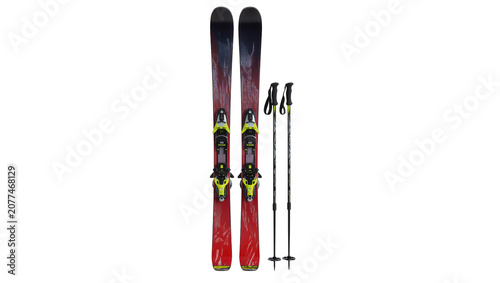 Red skis with yellow bindings and ski poles