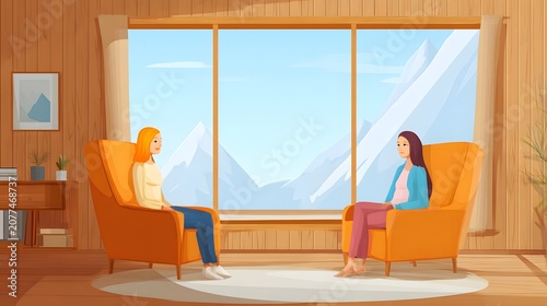 A professional coaching session in a calm, minimalist room, capturing a supportive conversation between a mentor and client focused on personal growth.