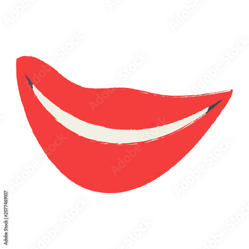 Vector hand drawn gentle smiling woman lips with red lipstick and textured sketch outlines. Minimalist mouth doodle isolated on white background for beauty salon branding cosmetics packaging makeup ar