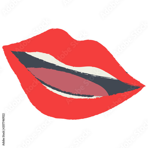 Vector hand drawn smiling woman lips with red lipstick and textured sketch outlines. Minimalist open mouth doodle isolated on white background for beauty salon branding dental clinic promotion makeup 