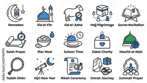 Photos Islamic icon set vector line illustration with labels for ramadan eid al fitr ha