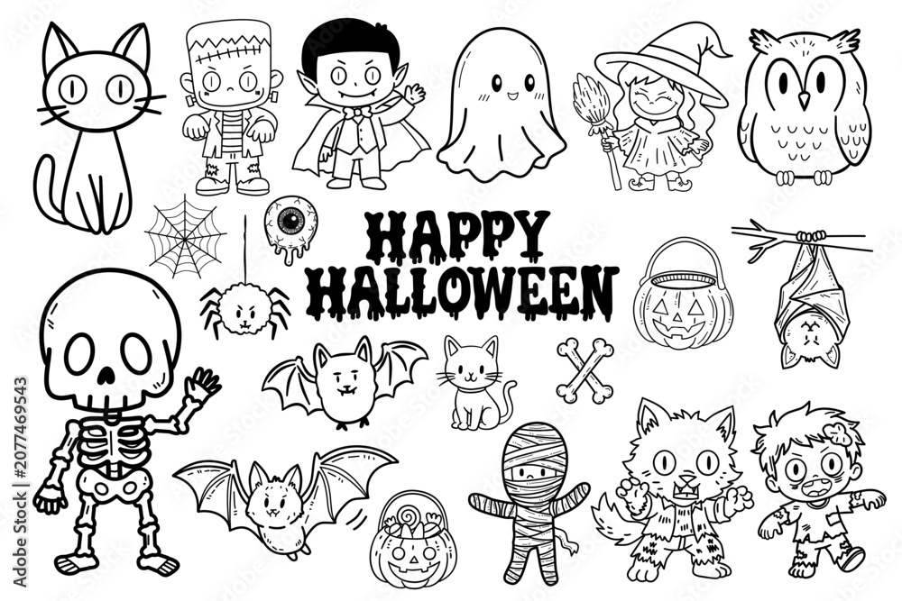 Fototapeta premium Halloween characters line art vector illustration. Kawaii cartoon monsters coloring page isolated.