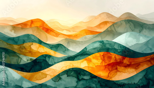 Abstract Watercolor Landscape of Rolling Hills at Sunrise.