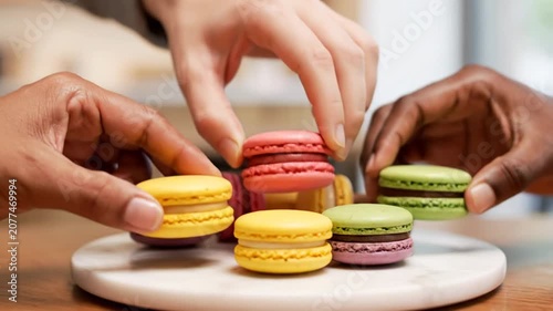Person's hand reaching for colorful macarons on marble board